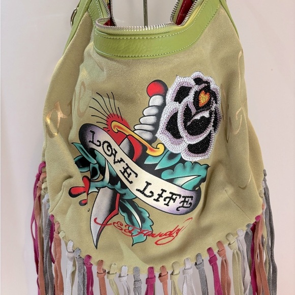 Y2K Ed Hardy LOVE Green Leather‎ Suede Fringe Shoulder Handbag with Crystal Rose - Picture 7 of 15